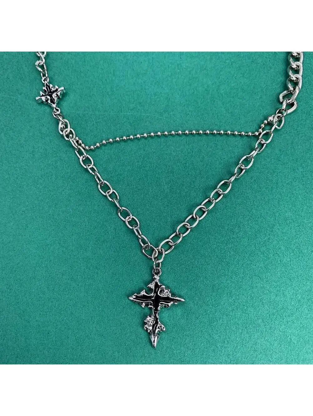Cyber Y2k 2000s punk grunge crystal cross pendant necklace chain. 21.5 inches